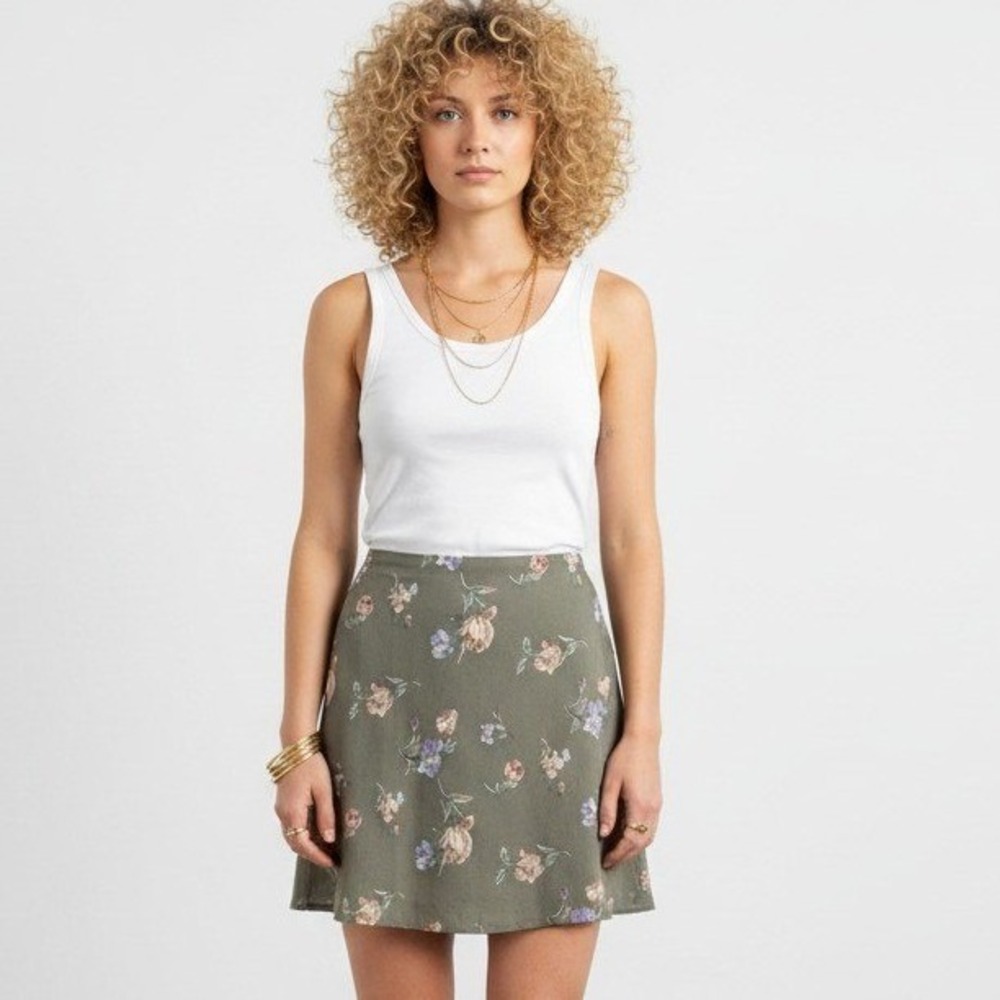 Vintage Express Olive Green Floral Rayon Mini Skirt 90s Made in USA Size M